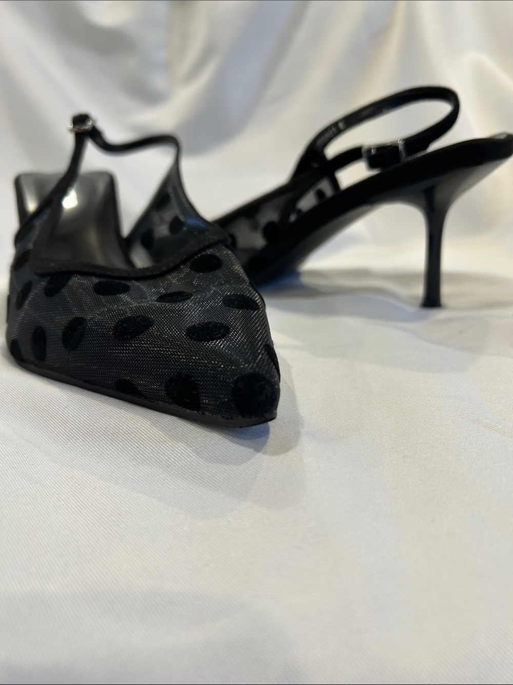 Fashion Nova Sleek Black Polka Dot mesh Slingback slim Heels